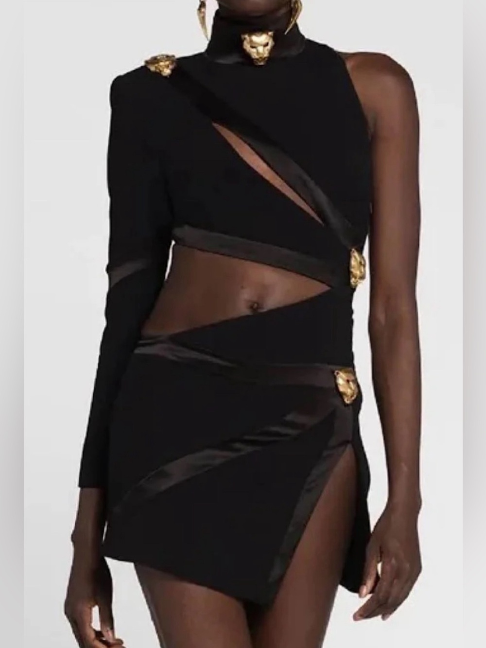 Asymmetrical Black Cutout Bodycon Dress with Gold Accents